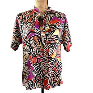 Etcetera Colorful Abstract Print Short Sleeve Neck Tie Silk Long Top Blouse Sz 8